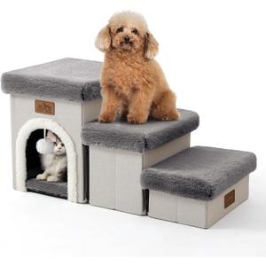 Dog Stairs for Small Dogs with Storage and Condo, 14" H Foldable Pet Stairs for Small Medium or Puppy Dogs and Older Cats, Dog Steps for Bed or Couch, 13x27x14 inch, 3 Tiers, Grey