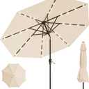 9FT Solar Umbrella 32 LED Lighted Patio Umbrella Table Market Umbrella w/Tilt and Crank, UV-Resistant Outdoor Umbrella for Pool, Garden, Deck, Beige