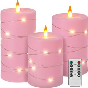Rose Pink Flameless Candles with String Lights Battery Operated Flickering LED Pillar Candles 4 5 6 Candle with Remote Control, Set of 3