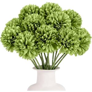 2 x 15 Pcs Artificial Chrysanthemums Flowers Green Flowers Silk Ball Flowers Fake Mums Flower with Stem for St Patricks Day Outdoor Wedding Table Centerpiece Home Decor