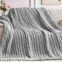 Chunky Knit Throw Blanket, 50''*60'' Knitted Throw Chenille Yarn for Bed Couch, Handmade Light Grey Crochet Big Thick Blanket, Machine Washable Cute Comfy Blanket for Home Decor