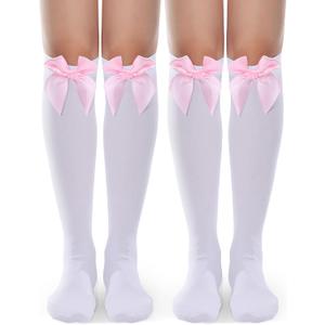 Syhood 2 Pairs Women's Satin Bow Knee High Socks, Elegant Long Socks for Christmas Costumes and Casual Wear (White, Pink)