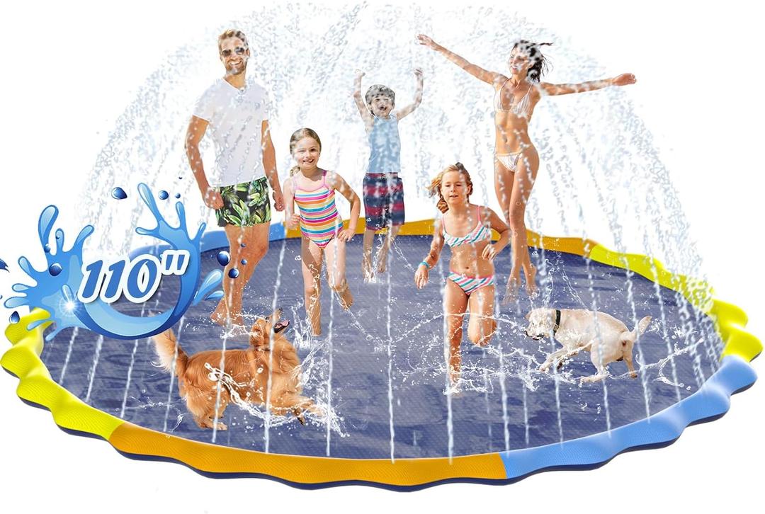 Instraella Splash Pad for Kids and Dogs, 110'' Non-Slip Sprinkler Mat 0.5mm Thickened Durable and Foldable Large Pool Summer Fun Outdoor Toys for Dogs and Toddlers Age