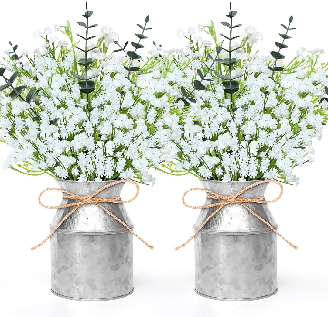 2 Pack Babys Breath Flowers Mason Jar Table Centerpiece, Artificial Babys Breath Flowers Eucalyptus Leaves Stems Faux Silver Dollar Bouquets for Summer Farmhouse Table Centerpiece Home Wedding Decor