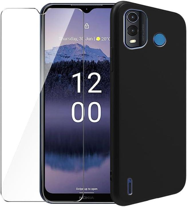 Case for Nokia G11 Plus + Glass Screen Protector Tempered Film - Transparent Silicone Soft Flexible Bumper Shockproof TPU Protective Cover Shell for Nokia G11 Plus (Black)