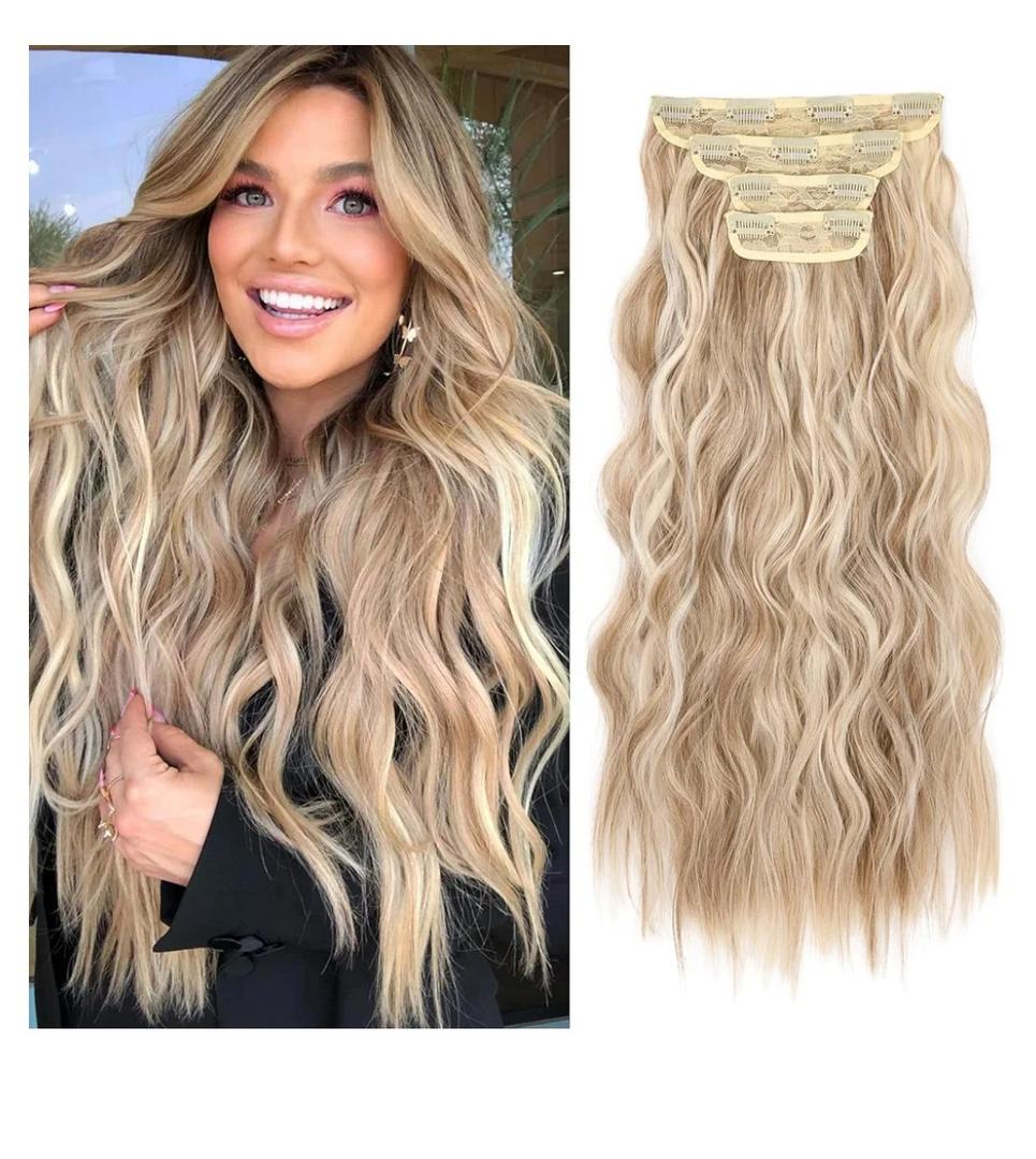 Hair Extensions, 20 Inch 4PCS Synthetic Fiber Clip in Hair Extensions Natural Soft Hairpieces for Women, Dark Blonde with Highlights
