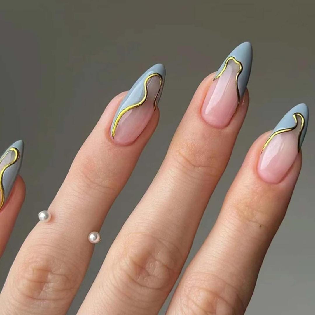 Short False Nails Almond Press on Nails French Nails Tips Full Cover Swirl Fake Nails for Women and Girls 24Pcs