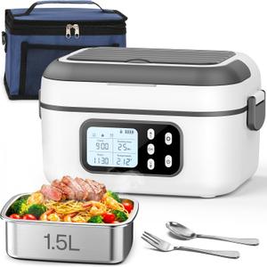 SOUOA Cordless Heated Electric Lunch Box for Adults with Automatic Heating, 100W Portable Food Warmer Battery Powered with Scheduled Heating, 6.3 Cup Food Heater for Men/Work/Office/Car/Truck (White) 