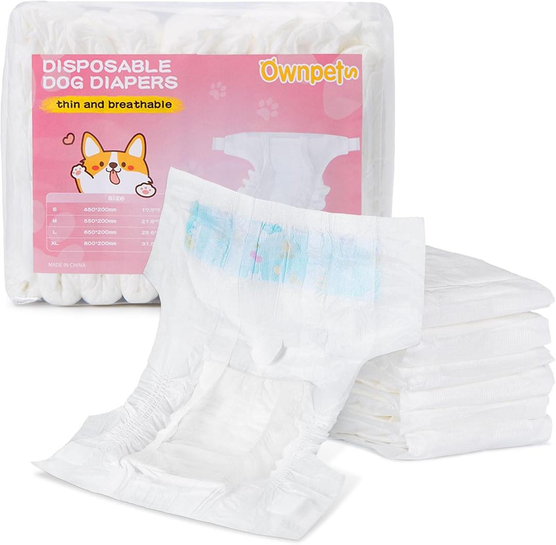 Ownpets Pet Disposable Female Dog Diapers - Doggie Diapers Waist Full-Wrapped, Super Absorbent, Anti-Leakage Protection, Fit for Female Dog in Heat, Excitable Urination or Incontinence, Medium 12 PCs