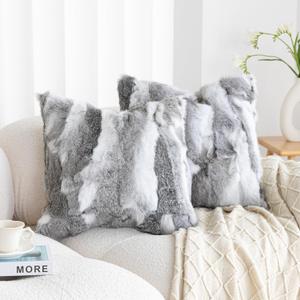 Genuine Rabbit Fur Throw Pillow Covers Set of 2, Luxury Decorative Pillowcases Soft Fluffy Animal Skin Accents Cushion Cover for Couch Sofa Bedroom Living Room Home,18x18 inch,Gray-White