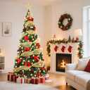 6Ft Prelit Pop Up Christmas Tree Decoration, Collapsible Artificial Xmas Tree with Ornaments, Pre Decorated with 150 Warm Lights, Gold Ribbons & Bows, Indoor/Outdoor Holiday Decor with Storage Bag