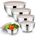 TeamFar Mixing Bowls with Lids, 5-Piece Stainless Steel Metal Nesting Salad Bowl for Mixing Prepping, Healthy & Heavy Duty, Airtight Lids & Dishwasher Safe, 4.5/3/1.5/1/0.7 QT-Khaki