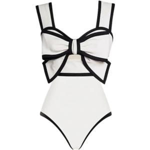 FLAXMAKER Black and White Swimsuit Bow-tie Decor One Piece Bathing Suit (Small)
