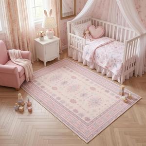 3x5 Area Rug Washable Non Slip Carpet for Living Room, Entry, Bedroom, Pink
Vintage Low Pile Soft Rug, Non-Shedding, Stain Resistant, Distressed Medallion Carpet for Nursery, Playroom, Office