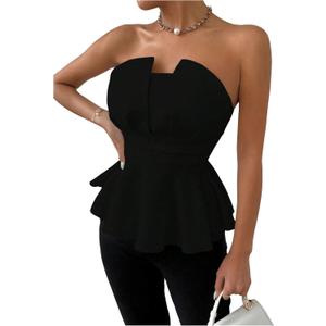 OYOANGLE Women's Strapless Ruffle Tube Top Flared Hem Peplum Bandeau Party Going Out Tops (X-Large, Black)