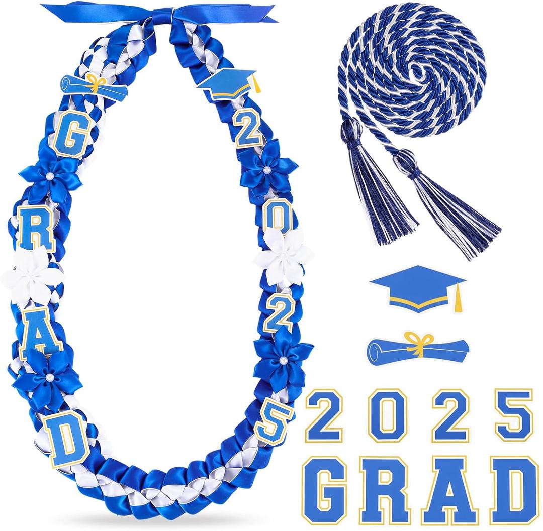Graduation Ribbon Lei Class of 2025 Grad Lei Kit Graduation Double Braided Necklace with Honor Cord for Graduate Women Men High School College Grad Party Supplies(Blue, White)