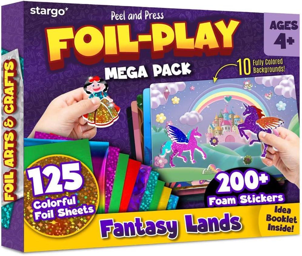 Foil Creative Art Kit for Kids, Fun Craft Set with Triple-Layer 3D Stickers & Foil Sheets  Creative Arts & Crafts for Birthday Party, Girls, Boys DIY Activity, Travel Toys, Gifts for Ages 4 5 6 7 8 9 (Jumbo 10 Pack - Fantasy Lands)