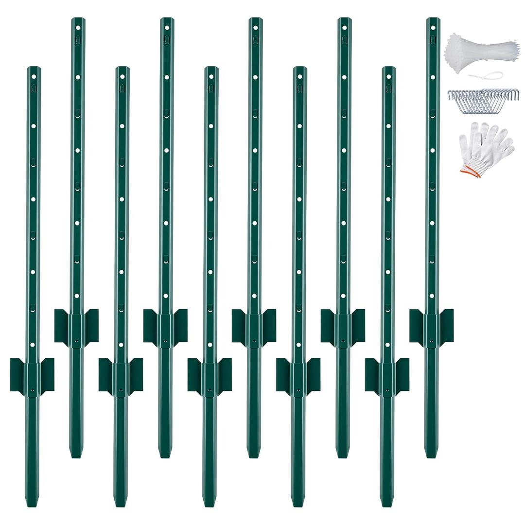 URBANVISTA 10 Pack Metal Fence Posts, 4 FT Heavy Duty U-Post, Green Garden Stakes, No-Dig Post Anchors for Wire Fences, Temporary Fencing, Electric Fence, and Corner Support