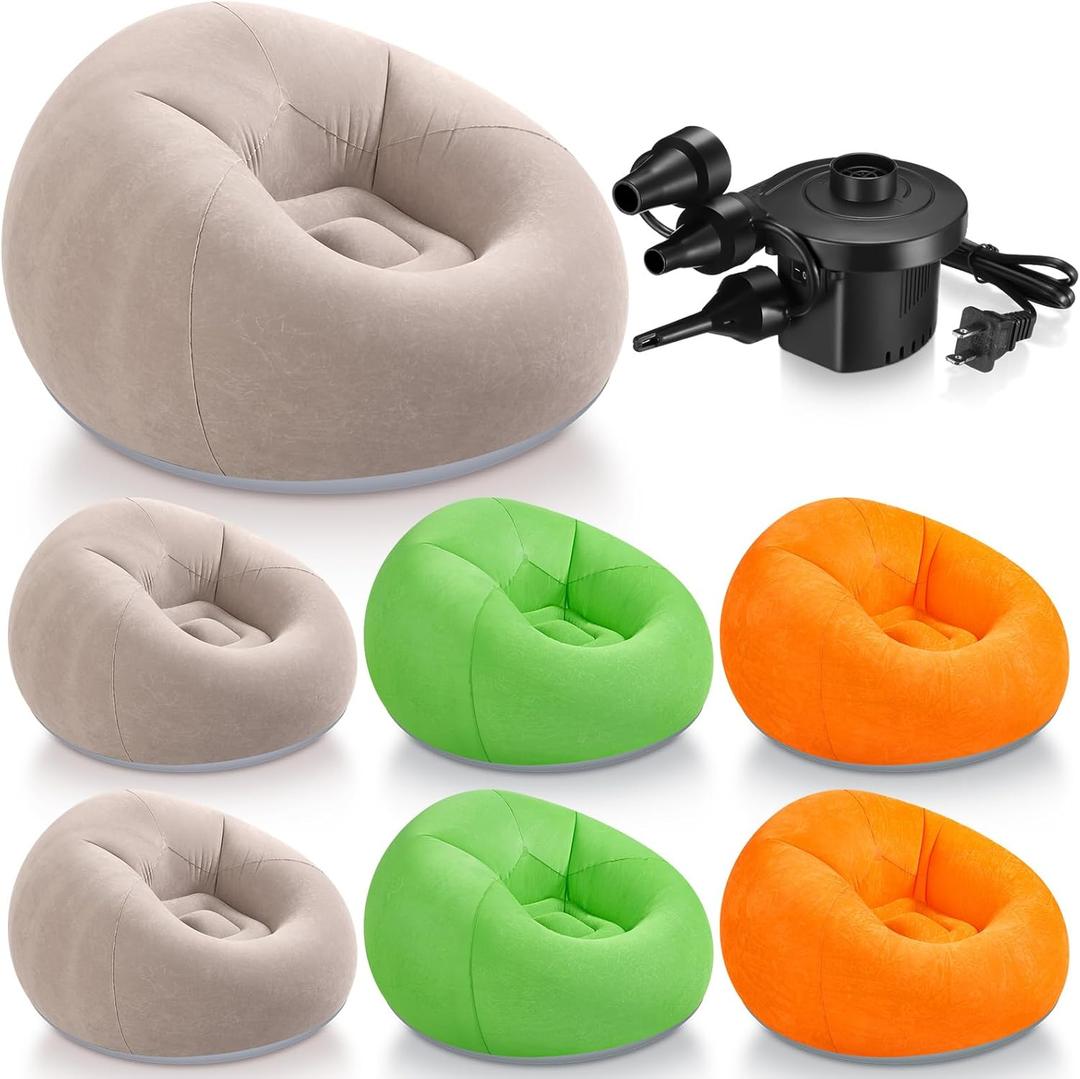Realspring 6 Pcs Inflatable Bean Bag Chairs for Adults with Electric Air Pump, Blow up Couch Folding Portable Inflatable Couch Lazy Sofa for Outdoor Movie Nights Camping Room (Coffee,Orange,Green)