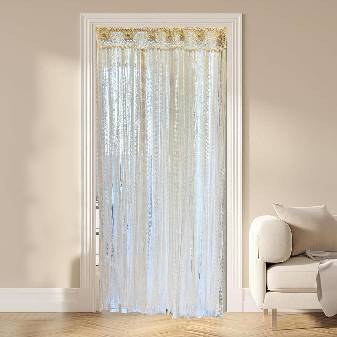 Lace Closet Curtain for Open Closet Boho Macrame Cotton Doorway Curtain Privacy Room Divider Curtain for Bedroom Kitchen Bathroom Wedding Backdrop Wall Hanging Bohemian Decor 40" W x 72" L Cream (Ivory)