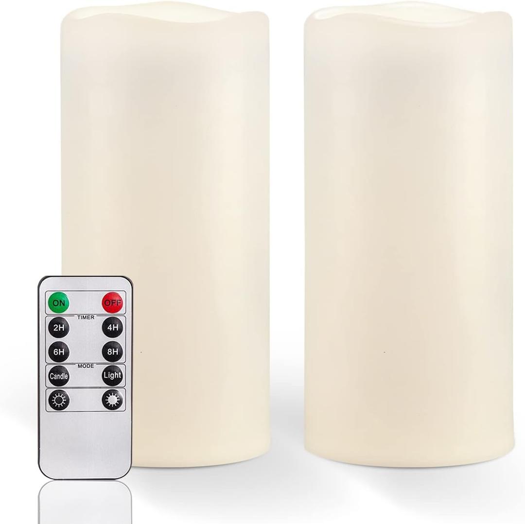 Homemory 8" x 4" Large Waterproof Outdoor Flameless Candles with Remote Control and Timer, Battery Operated Flickering LED Pillar Candles for Indoor Outdoor Lanterns, Porch, Long Lasting, Set of 2 (Ivory White)