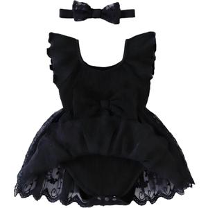 Baby Girl Romper Dress Ribbed Newborn Lace Boho Tutu Dresses Headband Baptism Photography Wedding Summer Outfit (3-6 Months,All Black)