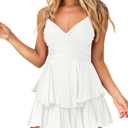 Hocuos Women's Dress Sexy V-Neck Adjustable Spaghetti Strap Waist Tie Sleeveless Layer Ruffle Hem A Line Mini Dresses, Small