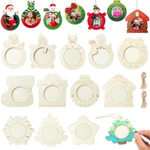 Thyle 12 Sets Christmas Picture Frame Craft Kits DIY Assortment Wooden Ornaments Bulk Xmas Tree Hanging Photo Frames for Christmas Party Winter Activities Home Decorations Gifts