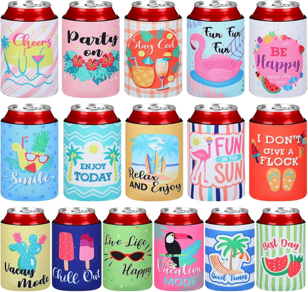 16 Pcs Beer Can Sleeves Neoprene Can Cooler Sleeves Funny Can Cover Insulated Beach Themed for Beverages Soda Bottles Summer Party Favors