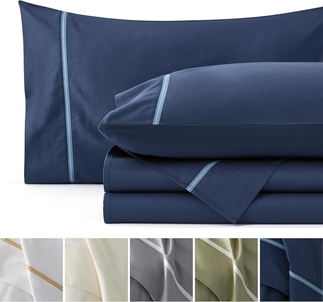 Bedsure 100% Cotton Sheets Queen Size Set - 500 Thread Count Cotton Sateen Bedsheets, Luxury Hotel Quality, Soft & Breathable Bedsheets, 16" Deep Pocket, 4-Piece, Include Queen Flat Sheet Navy