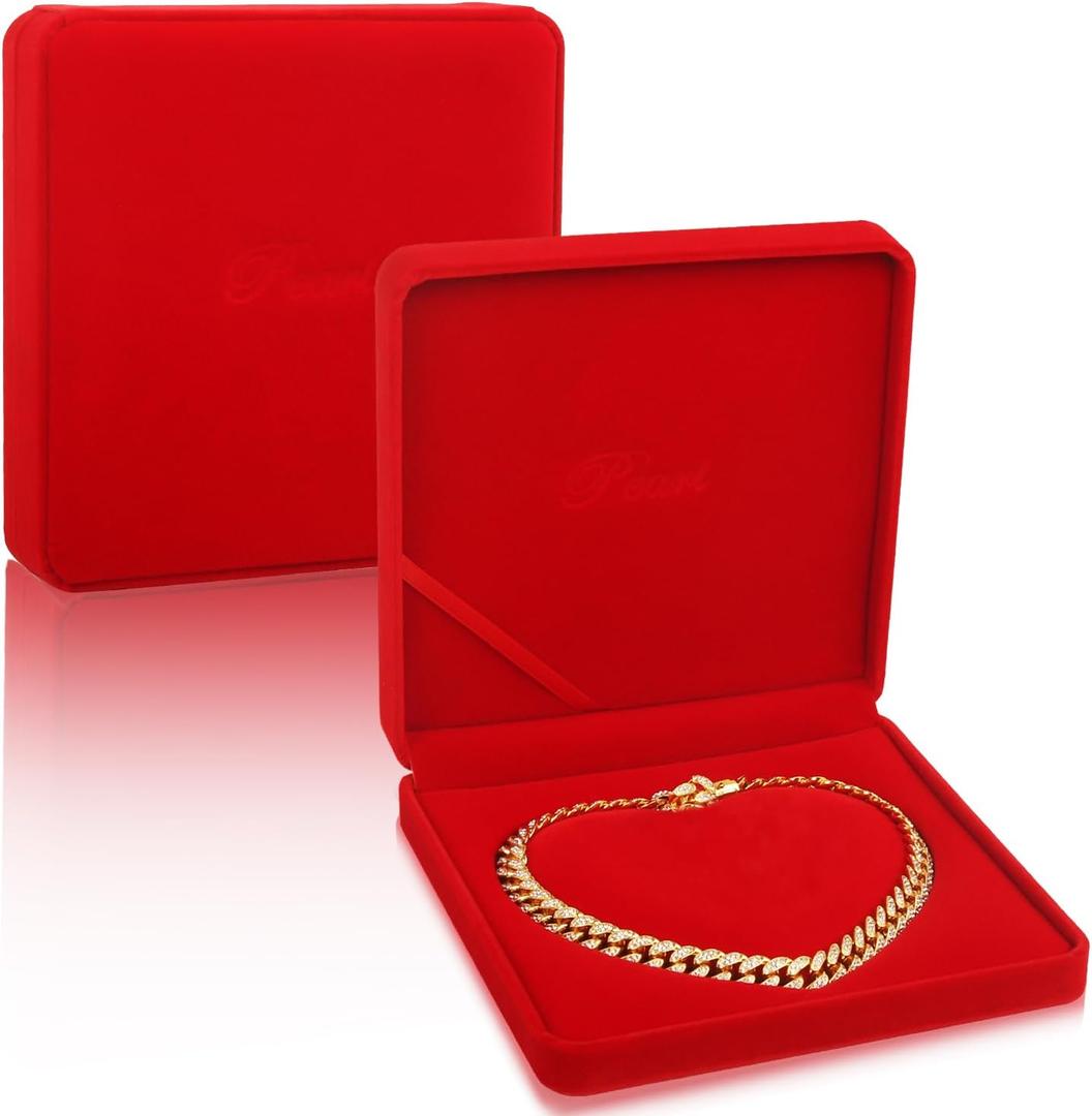 Nsmykhg Velvet Jewelry Box,2 Pack 7.5"x7.5" Pearl Necklace Gift Box Jewelry Set Box Empty Jewelry Box Jewelry Storage Holder,Jewelry Display Cases for Wedding, Anniversary, Travel - 2 Pcs (Red)