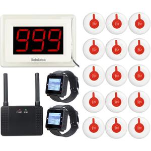 Retekess T114 Restaurant Pager, Wireless Calling System, 984ft, 6 Voice Broadcast, Max 999, Extend Range, 2 Retekess T128 Watch Receiver, 15 Alert Call Buttons for Restaurant, Hotel