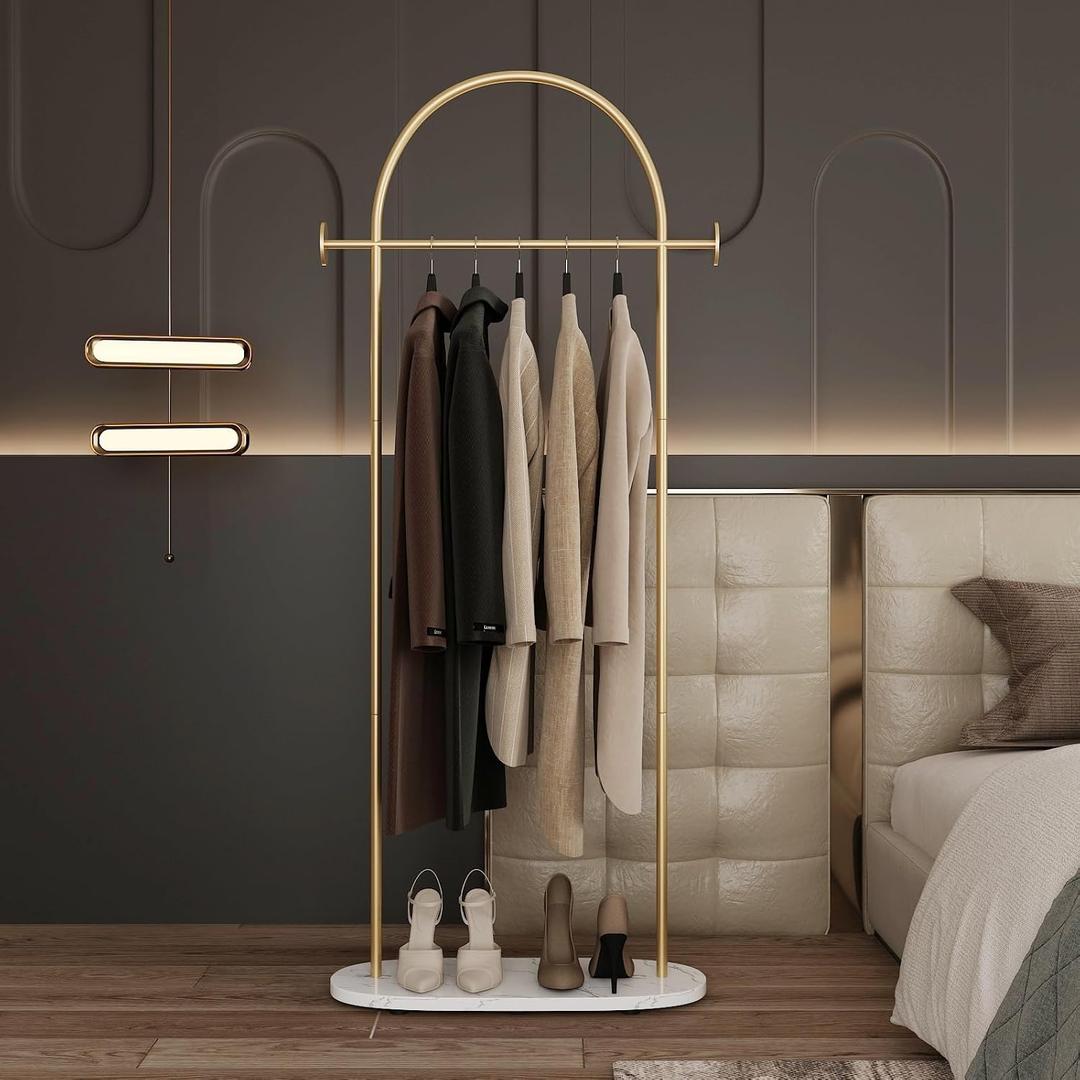 Modern Gold Coat Racks with Marble Base, Gold Clothing Racks with Shelves, Heavy Duty Clothes Rack Stand for Entryway, Bedroom, Living Room, Boutiques