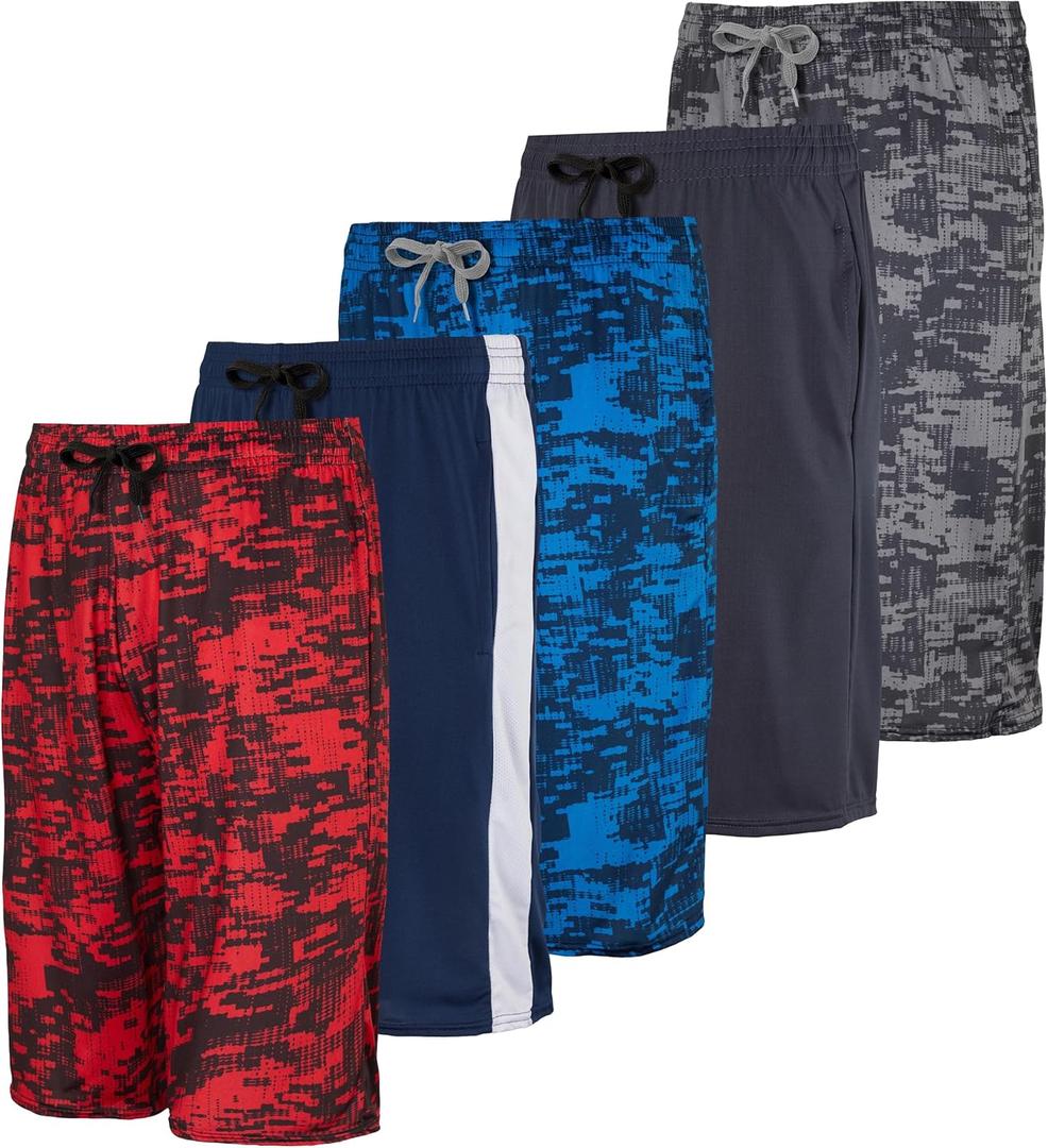 Real Essentials 5-Pack Boys' Dry-Fit Active Athletic Performance Basketball Shorts with Pockets (X-Large, Set 5)