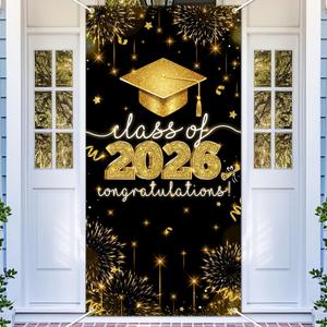 Avezano Graduation Decorations 2026 Black and Gold Class of 2026 Banner Graduation Door Cover Grad Party Decorations