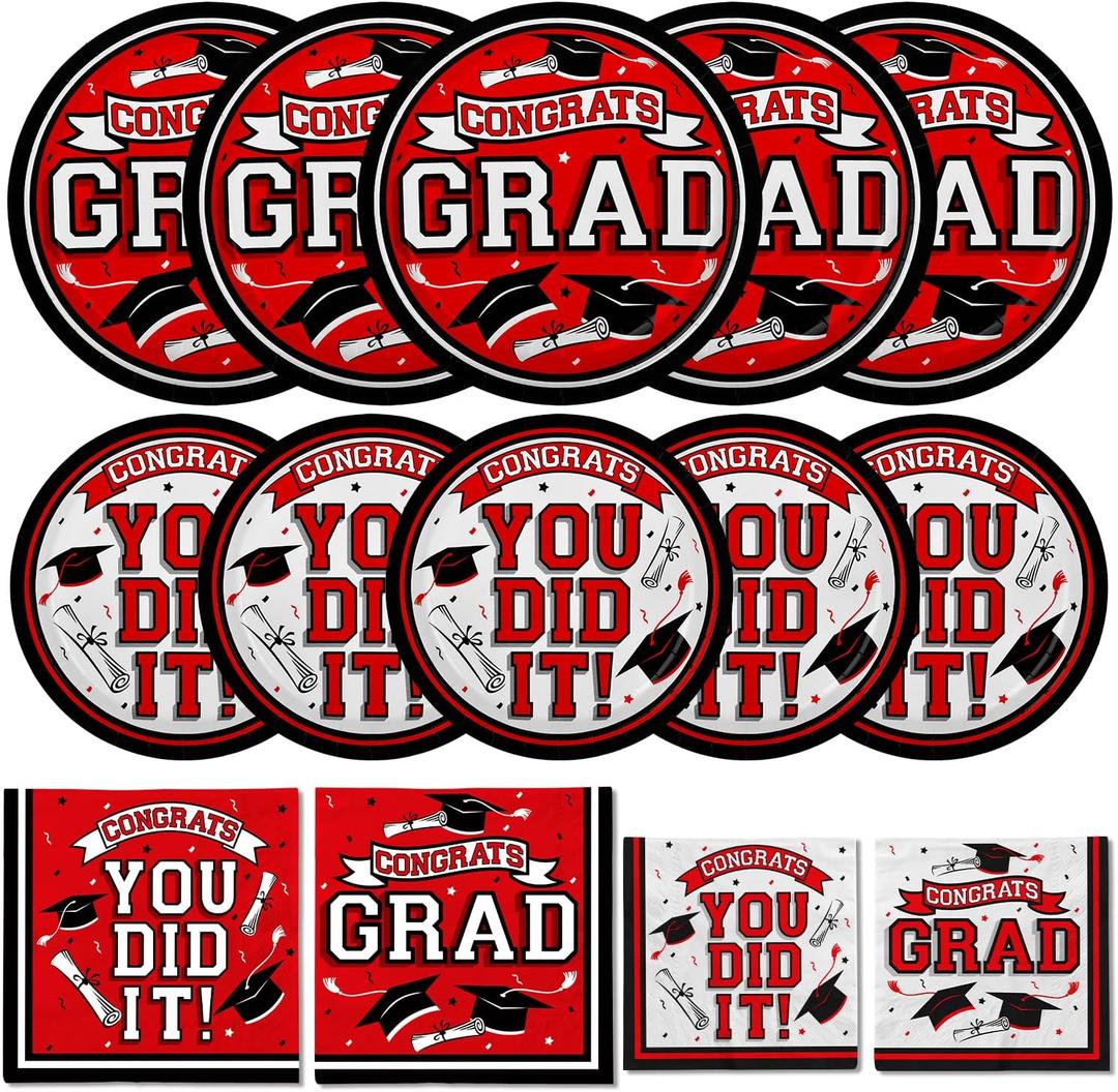 Graduation Party Supplies Dinnerware Set red Disposable dinner paper plates dessert paper plates and Napkins for Congrats Grad Party Decorations, Serve 50