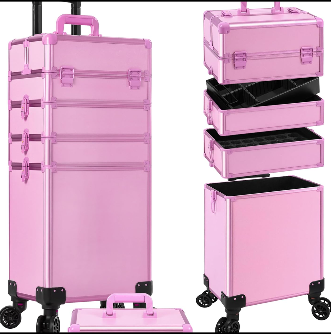 Rolling Makeup Train Case Large Storage Cosmetic Trolley 5 in 1 Large Capacity Trolley Makeup Travel Case with Key Swivel Wheels Salon Barber Case Traveling Cart Trunk, Pink