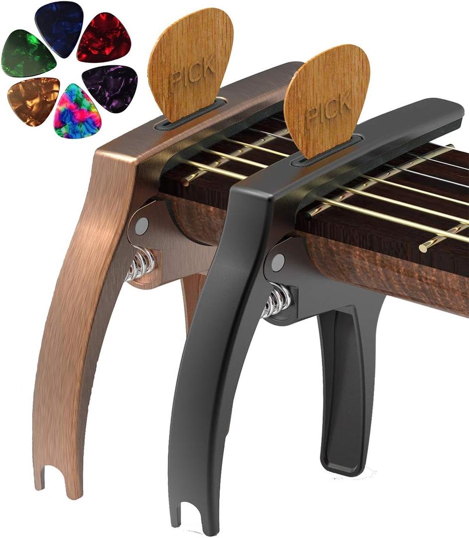 3in1 Guitar Capo for Acoustic&Electric Guitar Accessories 2 Pack | with Pick Holder and 6 Picks, Suitable for Ukulele and Stringed Instruments (Black & Bronze)