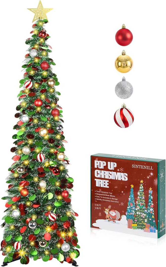 5 FT Pop Up Christmas Tree with Timer Lights and Decorations, Green Artificial Tinsel Christmas Tree with 24 Ball Ornaments, Collapsible Pencil Tree for Home, Office, Holiday Party (Colorful Green - White Edges)