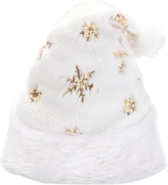 White Plush Christmas Hat Unisex Comfort Santa Hat with Snowflakes (Gold)