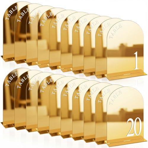 AceOrbit Gold Wedding Table Numbers 1-20 with Stands 5" x 7" Gold Acrylic Wedding Signs with Holder Mirrored Arch Numbered Signage Double Sided Tabletop Reception Sign for Anniversary, Event Decor