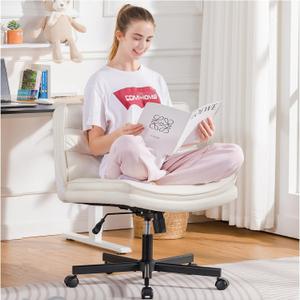 COMHOMA Cross Legged Office Chair with Wheels Armless Office Desk Chair, Modern Vanity Computer Task Chairs for Home Bedroom, Comfortable Wide Seat for Lower Back Pain Relief, PU Leahter, Beige