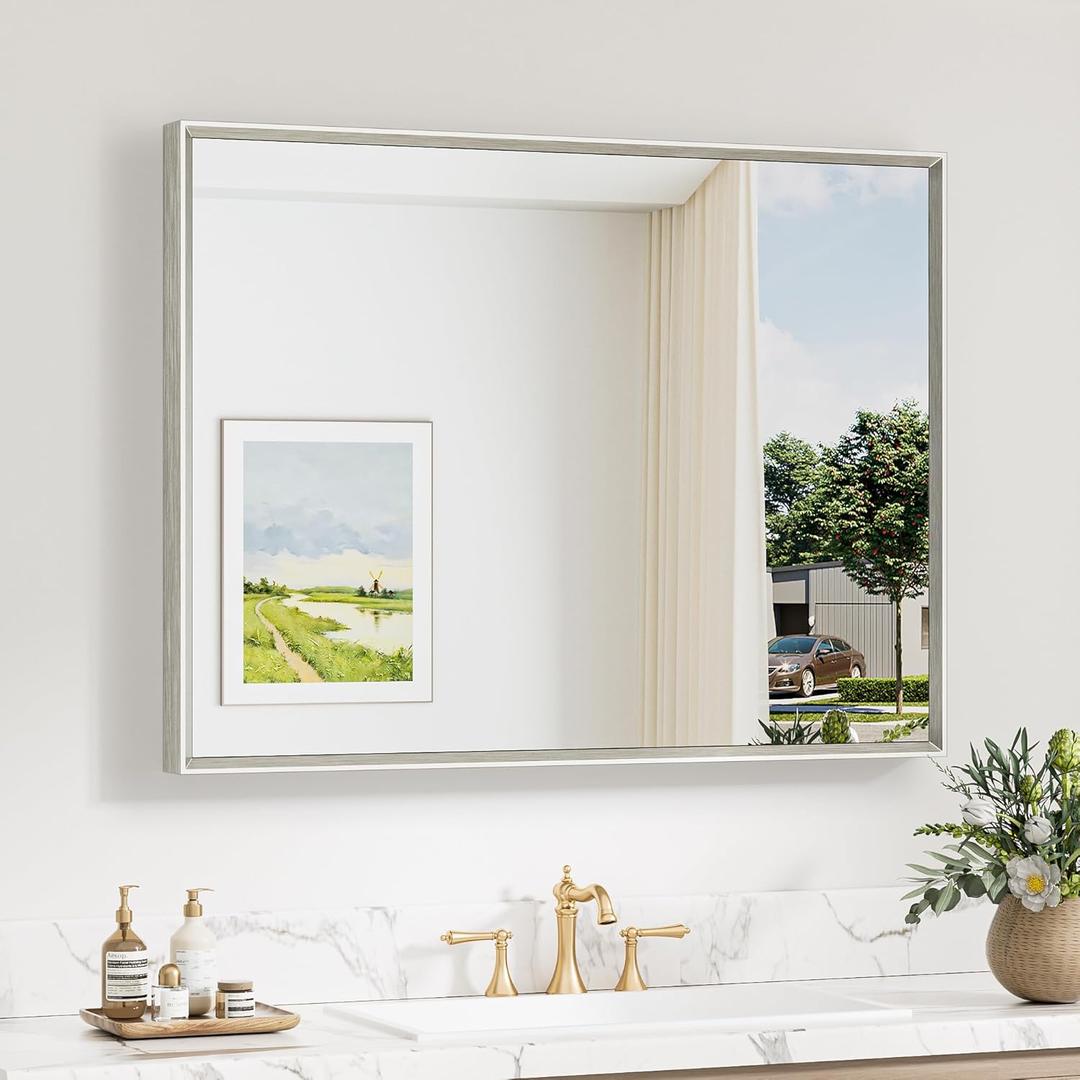 Keonjinn 40 x 30 Inch Brushed Nickel Bathroom Mirrors for Over Sink, Beveled Rectangle Framed Mirrors for Wall, Farmhouse Bathroom Vanity Mirror, Tempered Glass, Square Corner