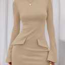 PRETTYGARDEN Womens Fall Long Sleeve Mini Dress 2025 Trendy Boat Neck Bodycon Knit Elegant Short Party Formal Dresses (Beige, M)