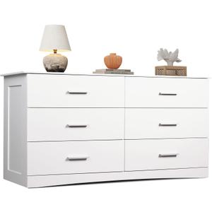WLIVE Wood Dresser for Bedroom, Wide Chest of Drawers with 6 Drawers, Large White Storage Tower Unit, Modern Minimalist Closet Store Organizer for Living Room, Hallway