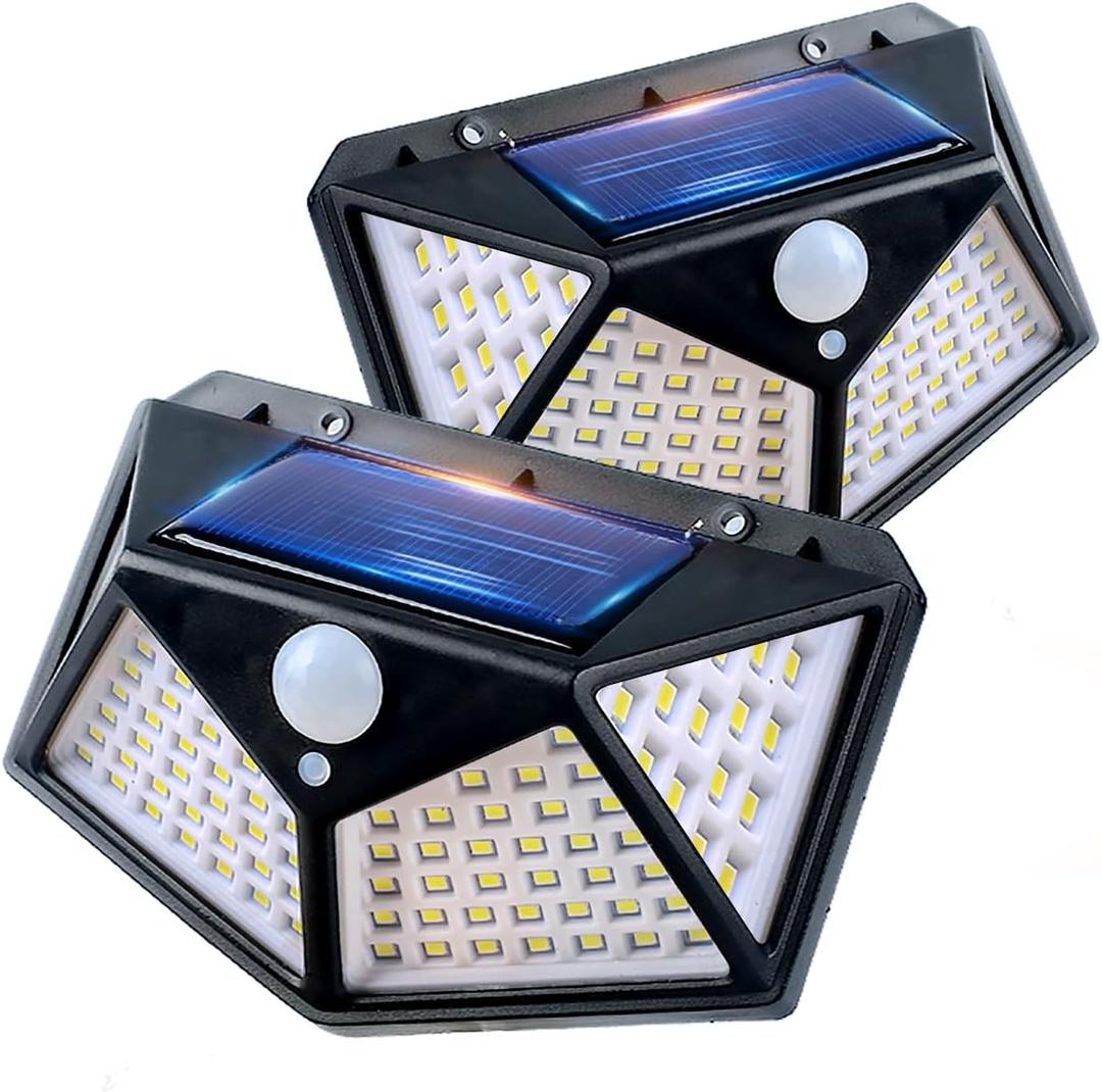 Solar Lights Outdoor 100 LED, 2 Pack Solar Motion Sensor Outdoor Lights with 3 Lighting Modes, Wireless IP65 Waterproof Solar Security Lights for Garden Patio Yard