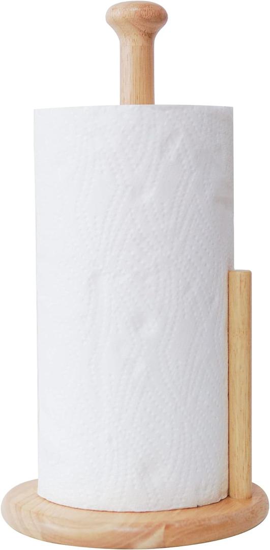 Paper Towel Holder Large Base Dia 7" Wooden Natural Color Countertop with Rubber Wood Round Base Kitchen Bathroom Roll Organizer Wooden Paper Holder Stand for Dining Table Home (ZJ281Y)