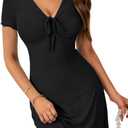 Rooscier Women's Ruched Lace Up Ruffle A Line Deep V Neck Short Sleeve Sexy Mini Dress (Black, S)