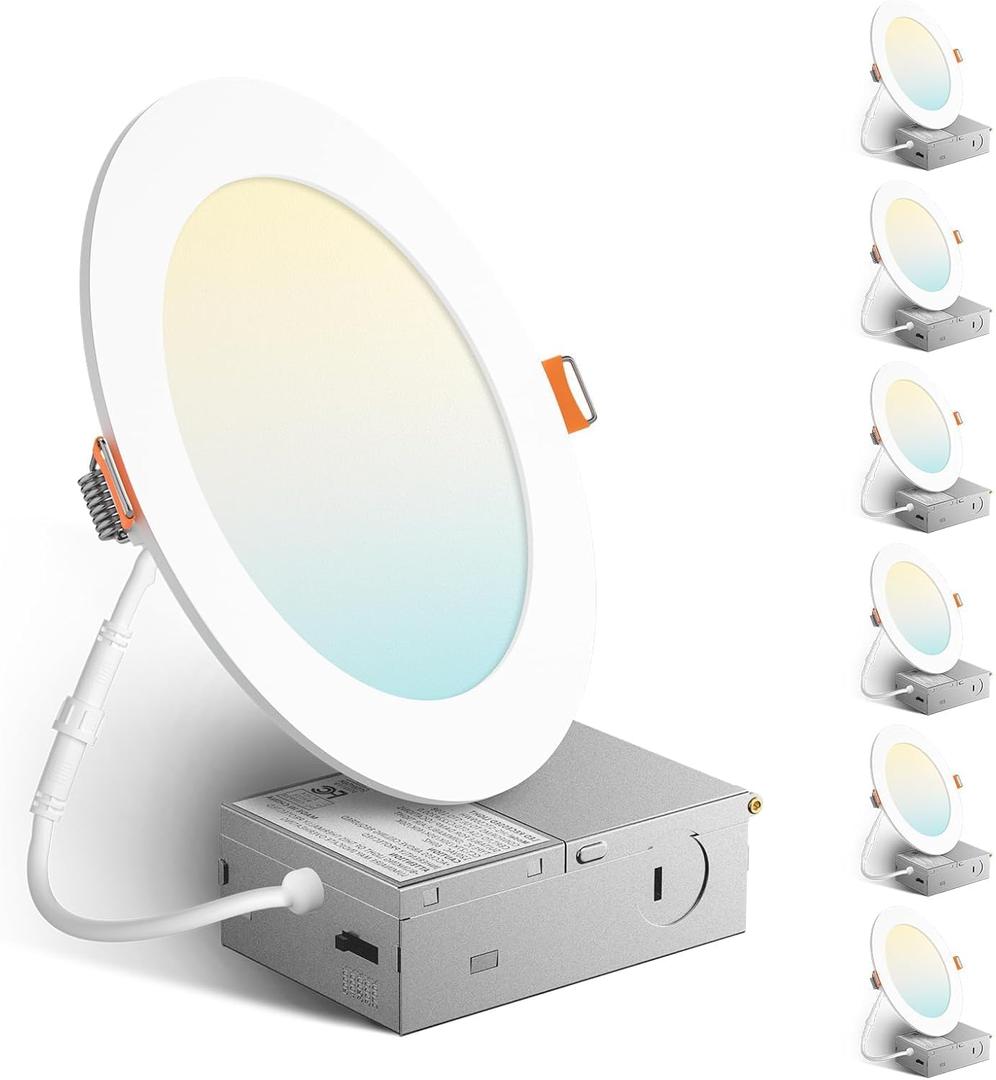 Amico 6 Pack 6 Inch 5CCT Ultra-Thin LED Recessed Ceiling Light with Metal Junction Box, 2700K-5000K Selectable, 12W Eqv 110W, Dimmable Canless Wafer Downlight with Plastic Trim, 1050 Lumens -ETL&FCC