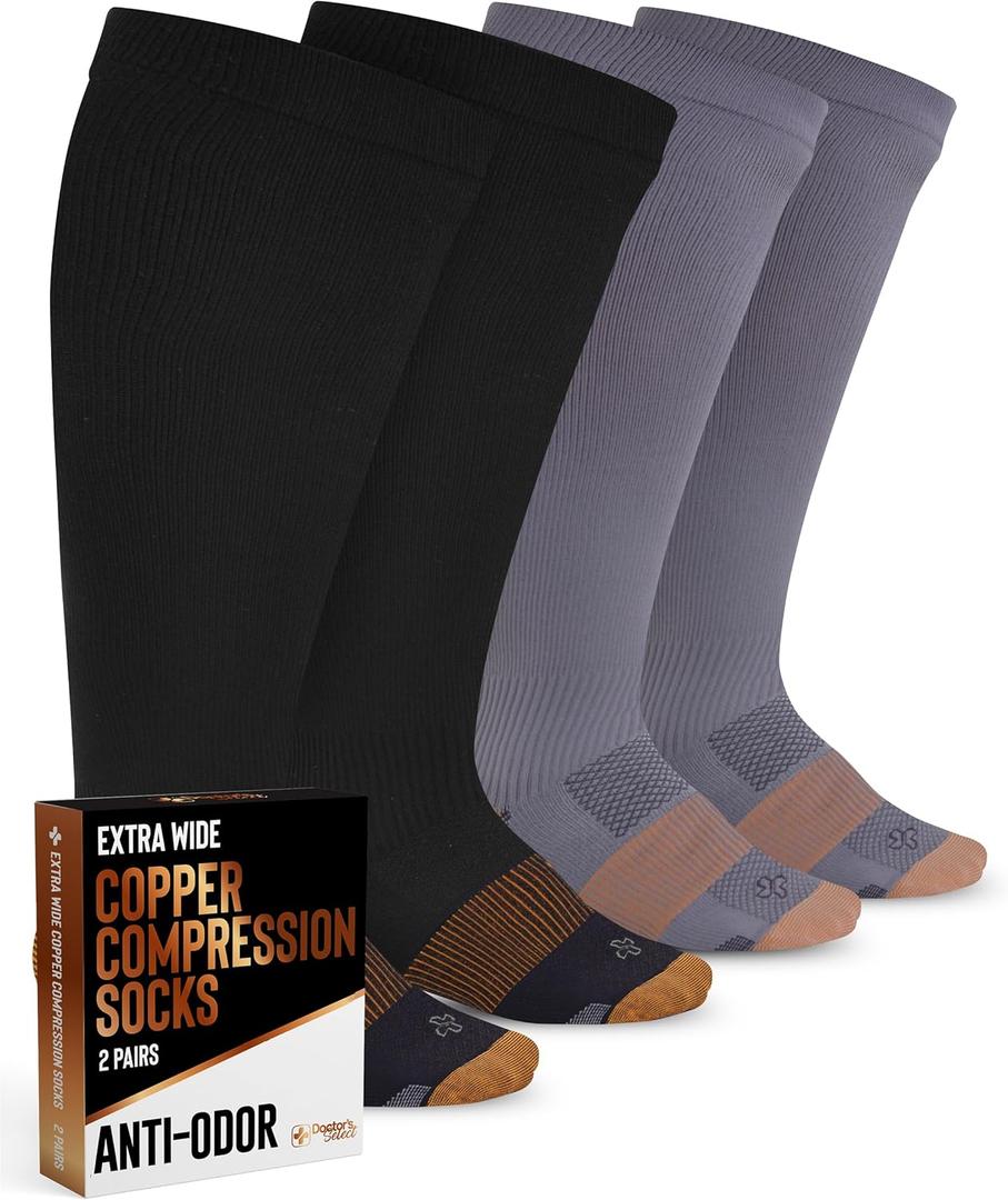 Doctor's Select Copper Plus Size Compression Socks Wide Calf - 2 Pairs | 20-30mmHg Extra Wide Calf Copper Compression Socks Men & Women for Swelling & Circulation Support | Black & Gray (3X-Large)